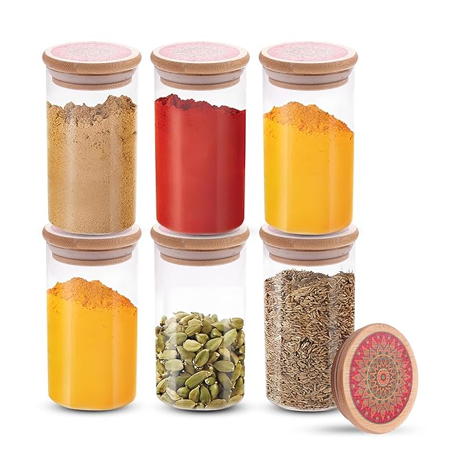 Pack of 6 Borosilicate Glass Jars with Printed Bamboo Lids