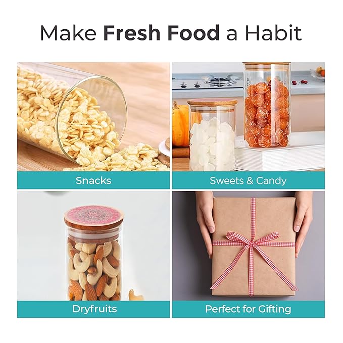 Pack of 6 Borosilicate Glass Jars with Printed Bamboo Lids - Image 2